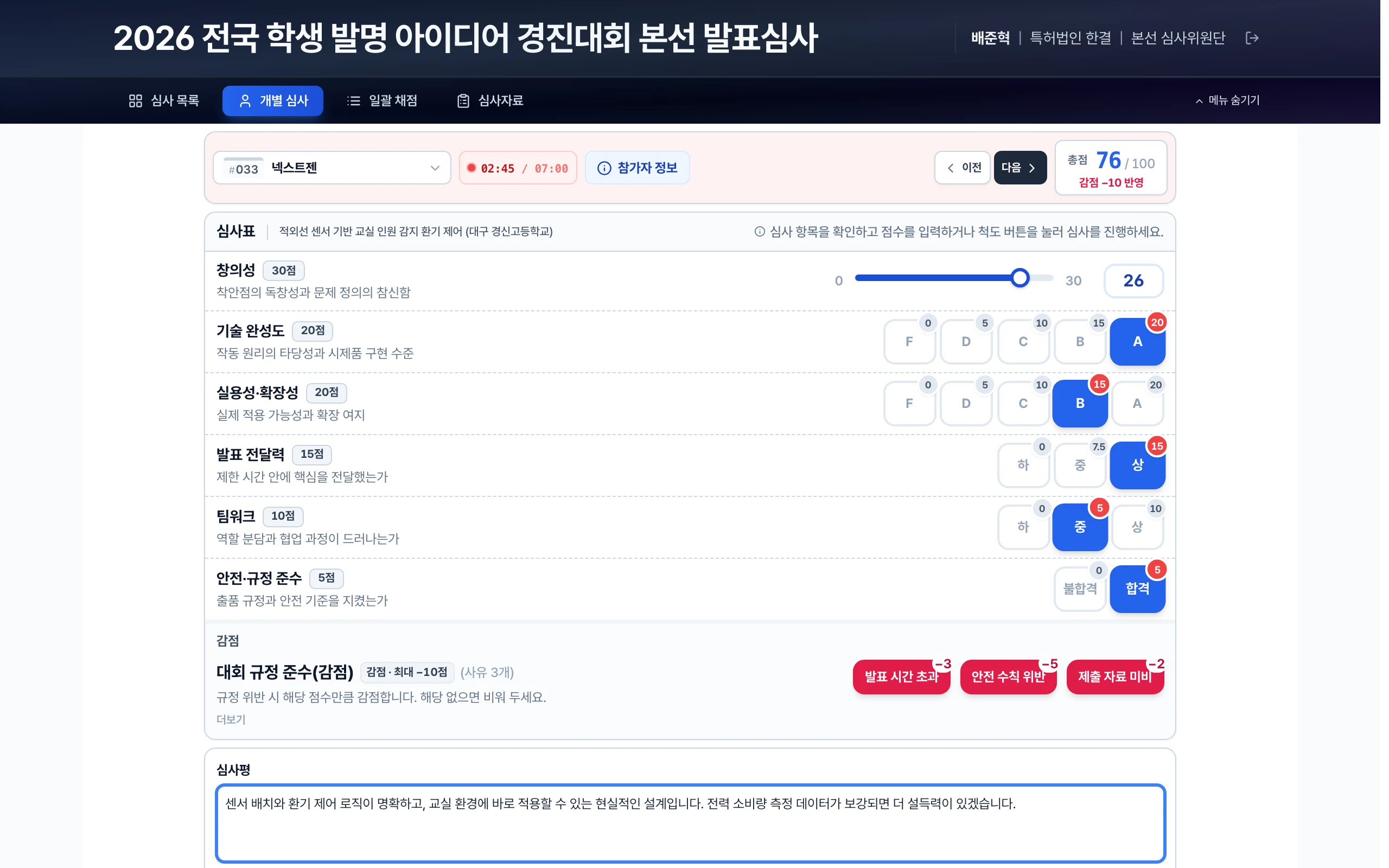 심사위원 개별 심사 화면 — 참가자·발표 타이머·항목별 척도 버튼·감점 사유·심사평·총점이 한 화면에