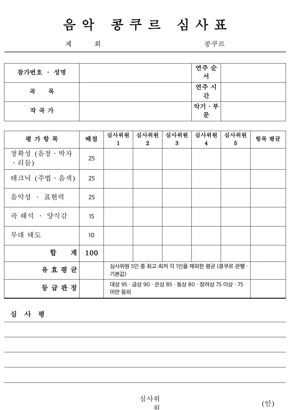 음악 콩쿠르 심사표 엑셀 양식 미리보기 — 위원 5인 절사평균 · 등급 자동 판정