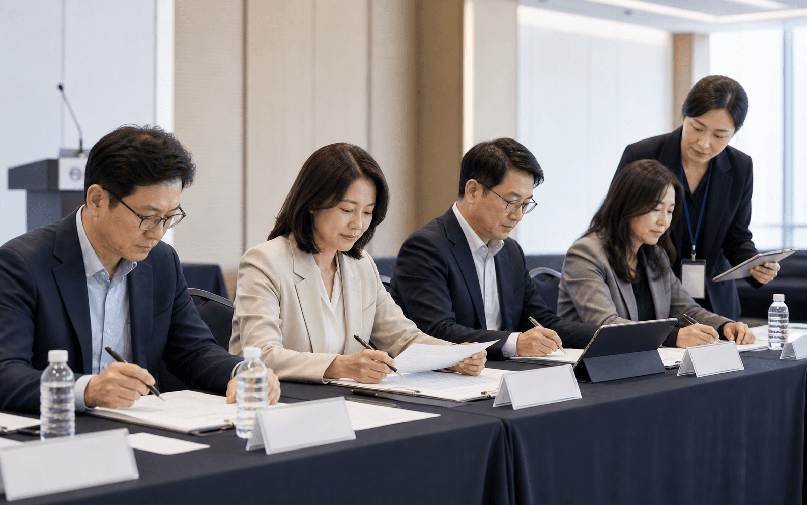 종이 심사표와 태블릿을 함께 사용하는 심사위원