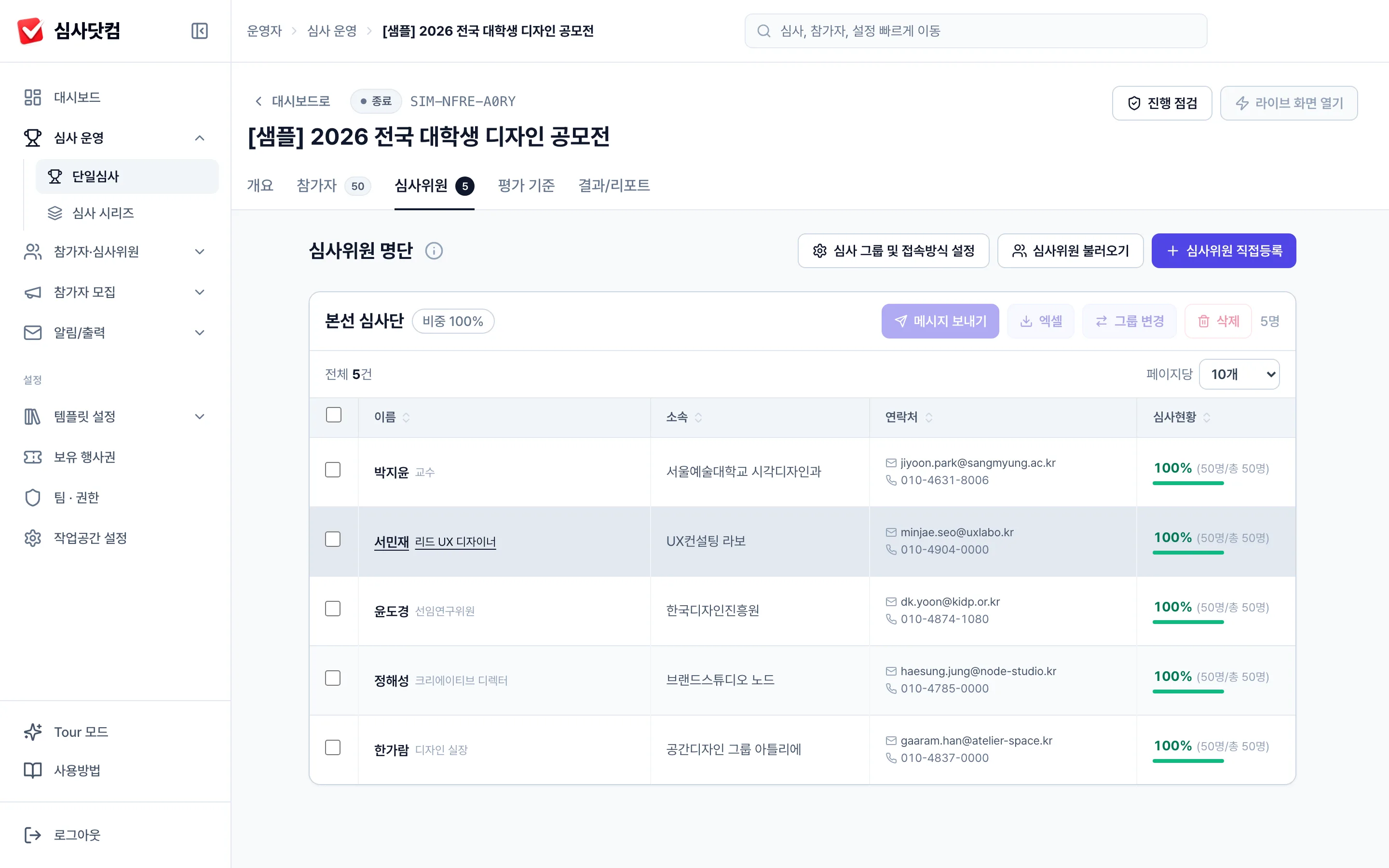 심사위원 명단 — 5명의 소속·연락처·채점 진척도(50/50)를 정리한 표