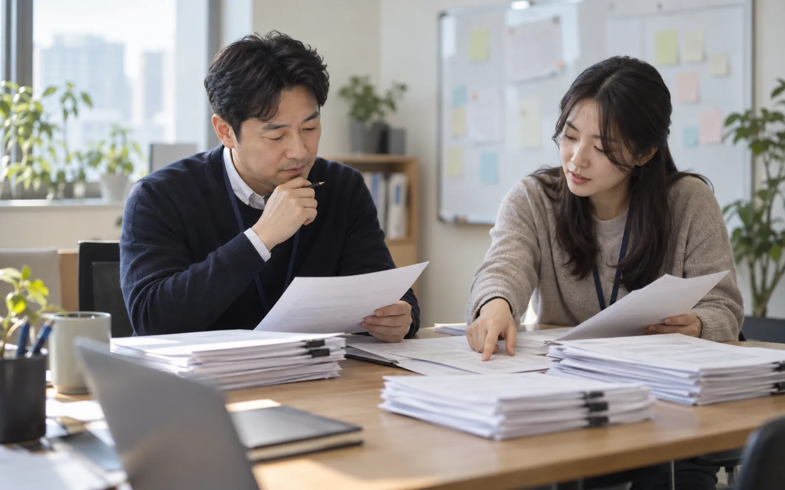 협회 사무실 회의 테이블에서 접수 서류를 검토하는 두 직원