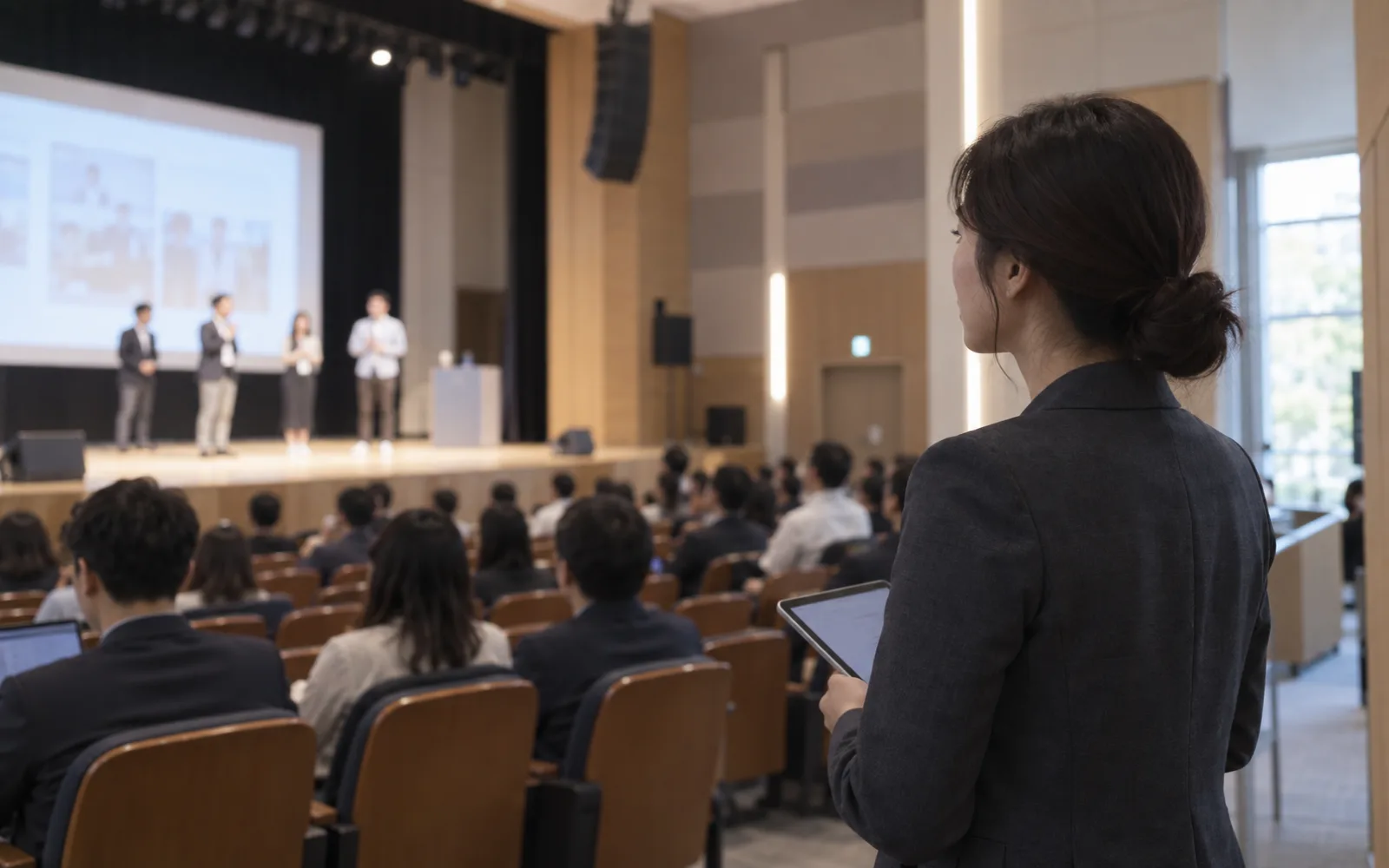 시청 강당에서 열린 청년 창업 경진대회, 태블릿을 든 담당자가 무대를 바라보는 모습