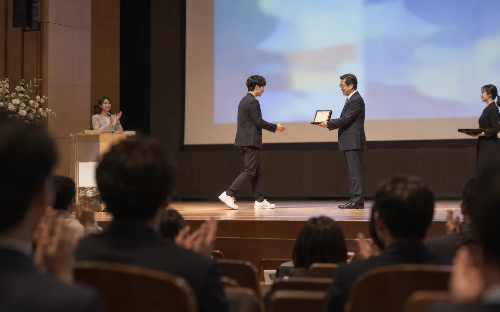 시상식 무대 화면 앞으로 수상자가 걸어 나오는 장면