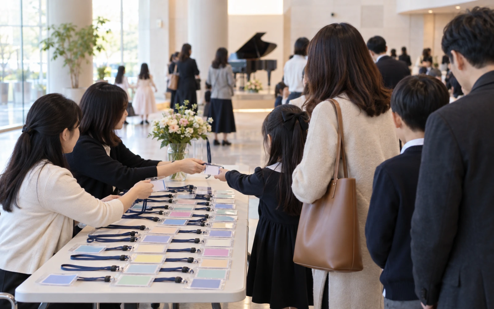 발표회 로비 접수대에서 참가자에게 목걸이 명찰을 나눠 주는 모습